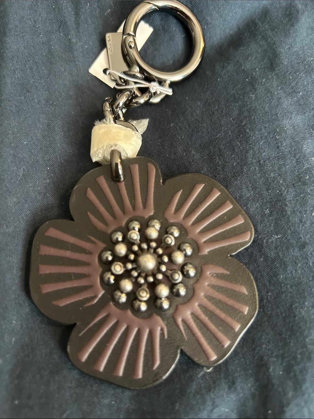 Coach Floral Leather Key & Bag Charm in Black with Metallic Accents